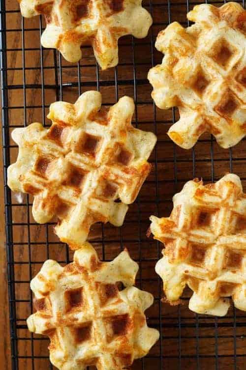 sourdough waffles on a cooling rack