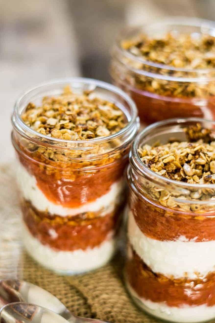 sunflower seed granola and rhubarb breakfast parfait